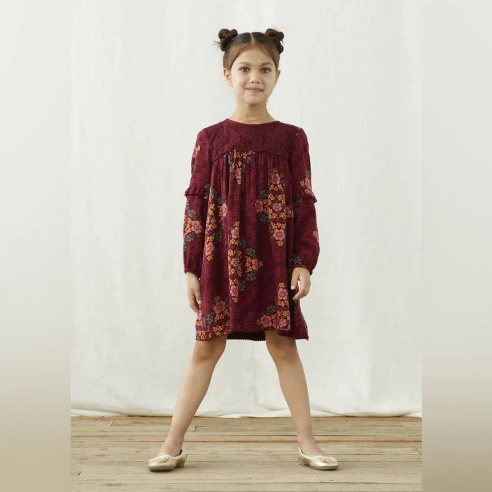 Matilda Jane Girls Burgundy Floral Lace Yoke Long Sleeve‎ Dress Size 14